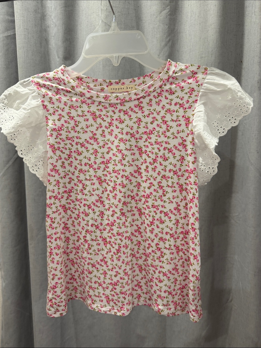 Copper Key White and Pink Floral Eyelet Sleeve Top
